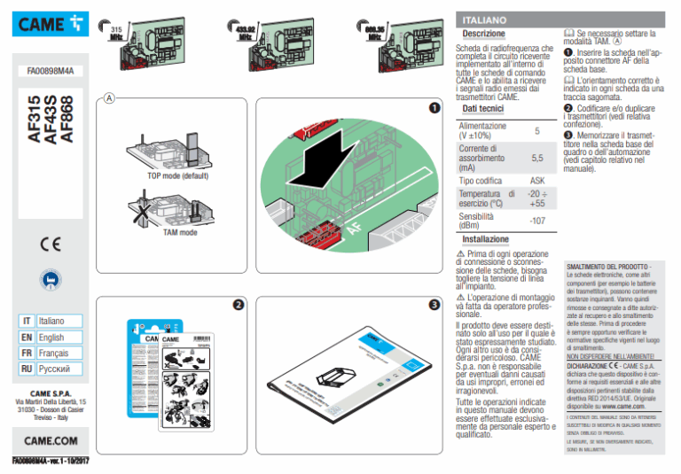 Manuale Came AF43S - AF315 - AF868 PDF - Manuali d'Uso in Italiano