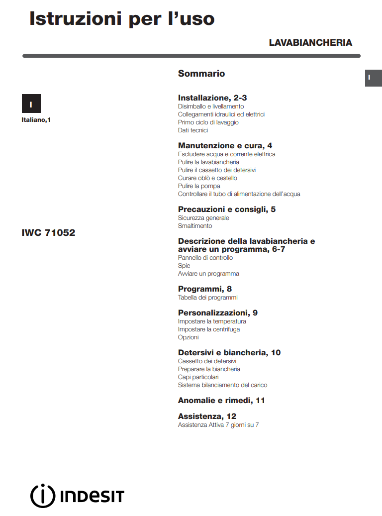 Manuale Lavatrice Indesit 7 Kg IWC 71052 PDF