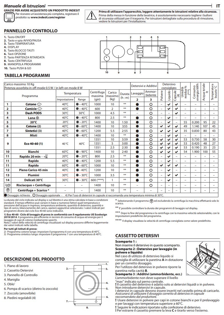 Manuale Lavatrice Indesit BWE 101498X WKV IT PDF