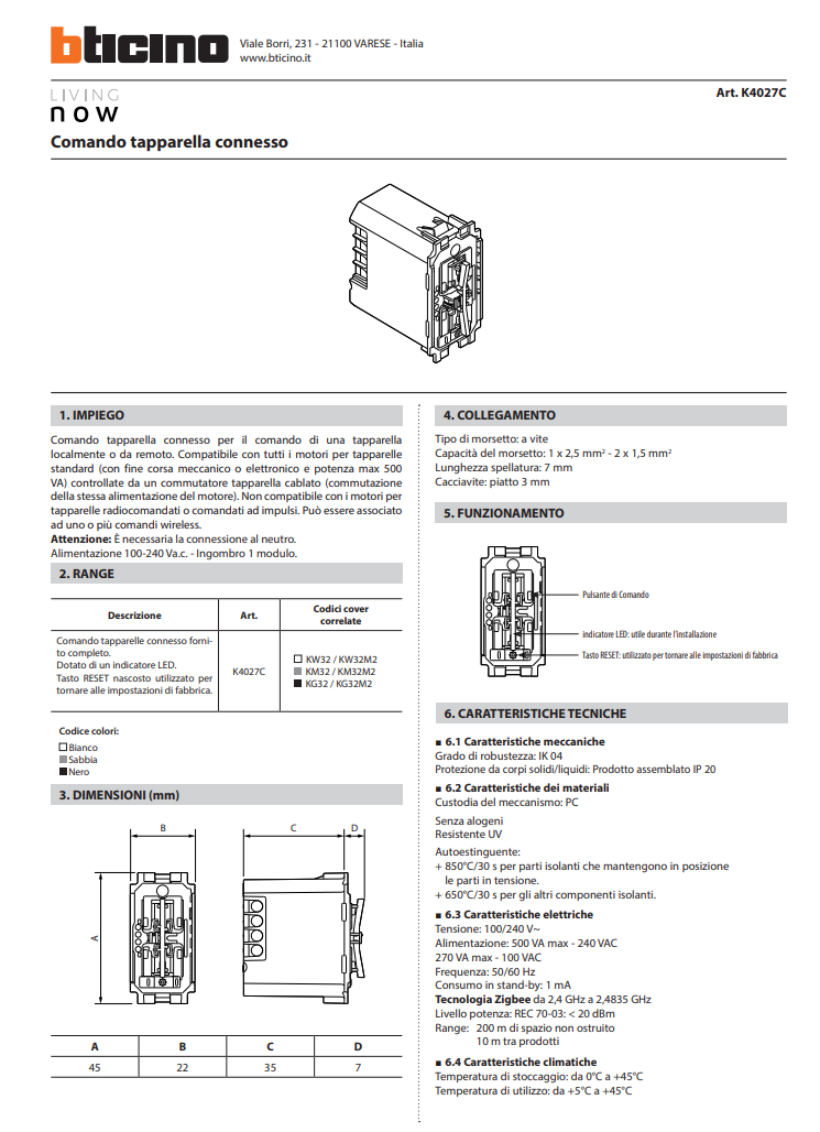 Manuale Comando Tapparella Connesso BTicino Living Now K4027C PDF