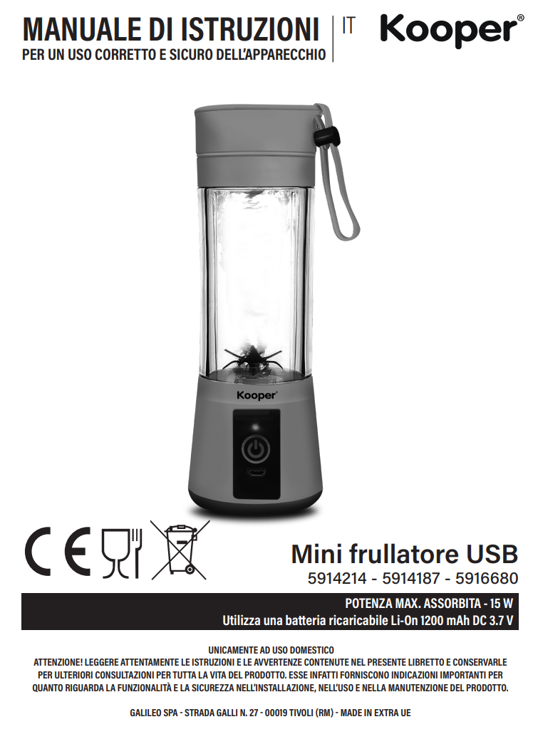 Manuale Frullatore Portatile Kooper 5914214 - 5914187 - 5916680 PDF