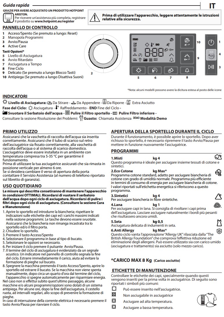 Manuale Asciugatrice Hotpoint Ariston 8 Kg PDF