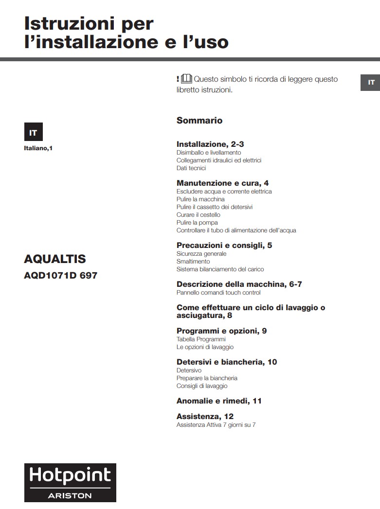 Manuale Lavasciuga Hotpoint Ariston Aqualtis AQD1071D 697 PDF