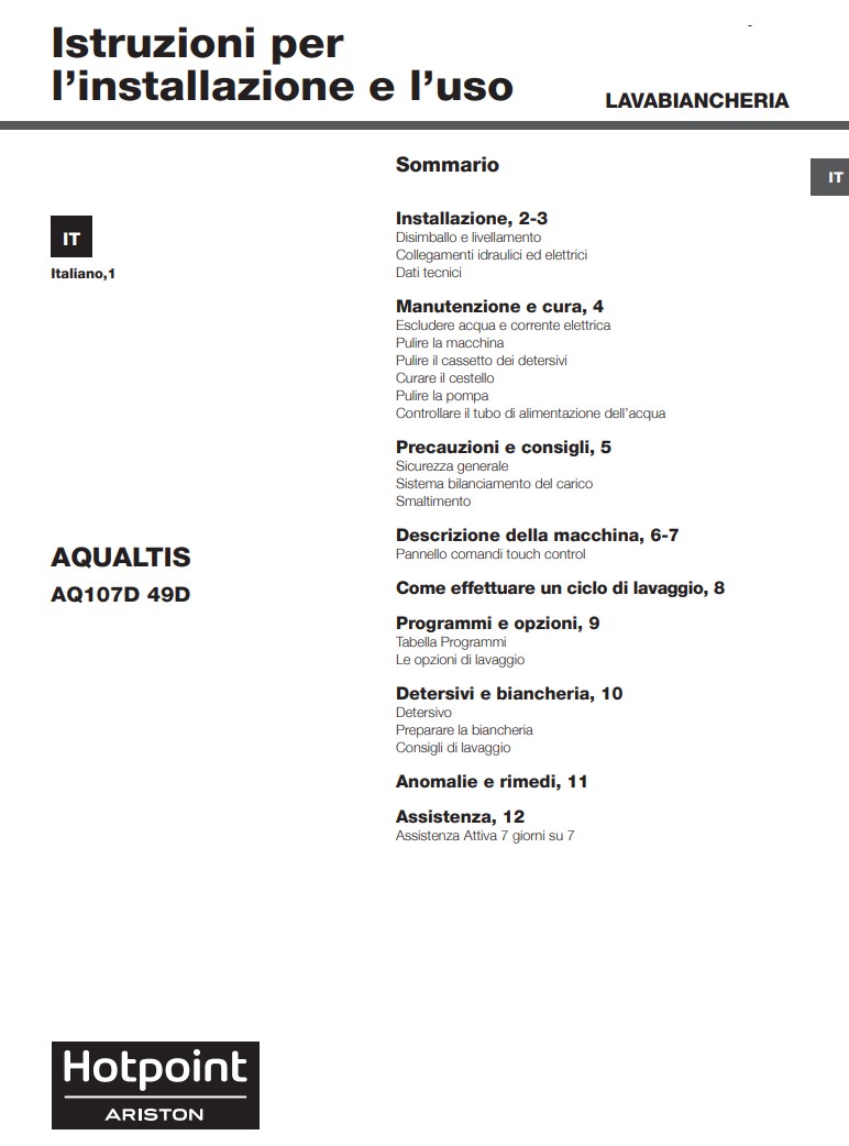 Manuale Lavatrice Hotpoint Ariston 10 Kg AQUALTIS AQ107D 49D PDF