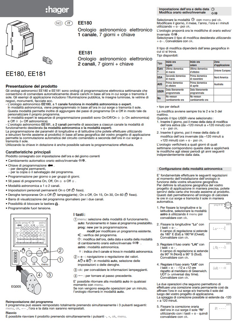 Manuale Orologio Hager EE180 - EE181 PDF