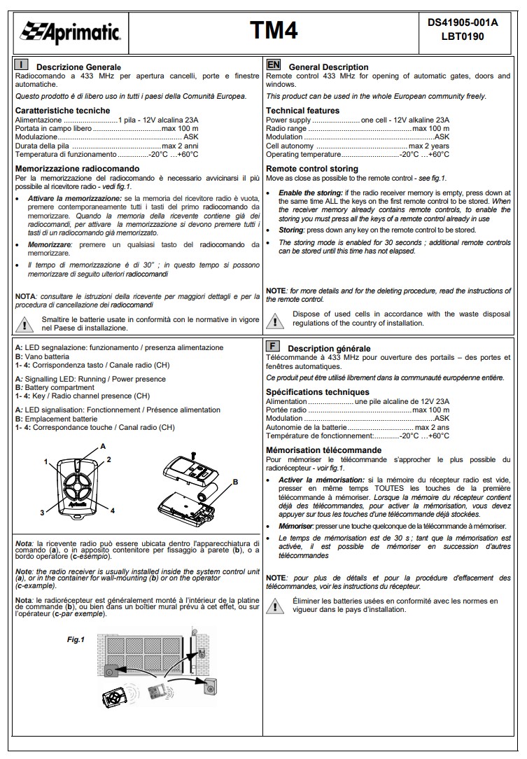 Manuale Telecomando Aprimatic TM4 PDF