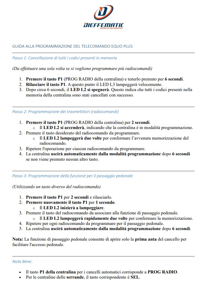 Manuale Istruzioni Telecomando Dieffematic EQUO PLUS PDF