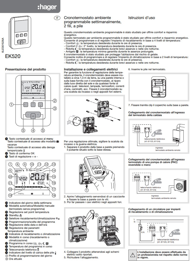 Manuale Termostato Hager EK520 PDF